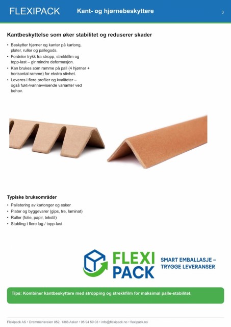 Kant- og hjørnebeskyttere i papp for stropping og stabilisering av pall og kartonger